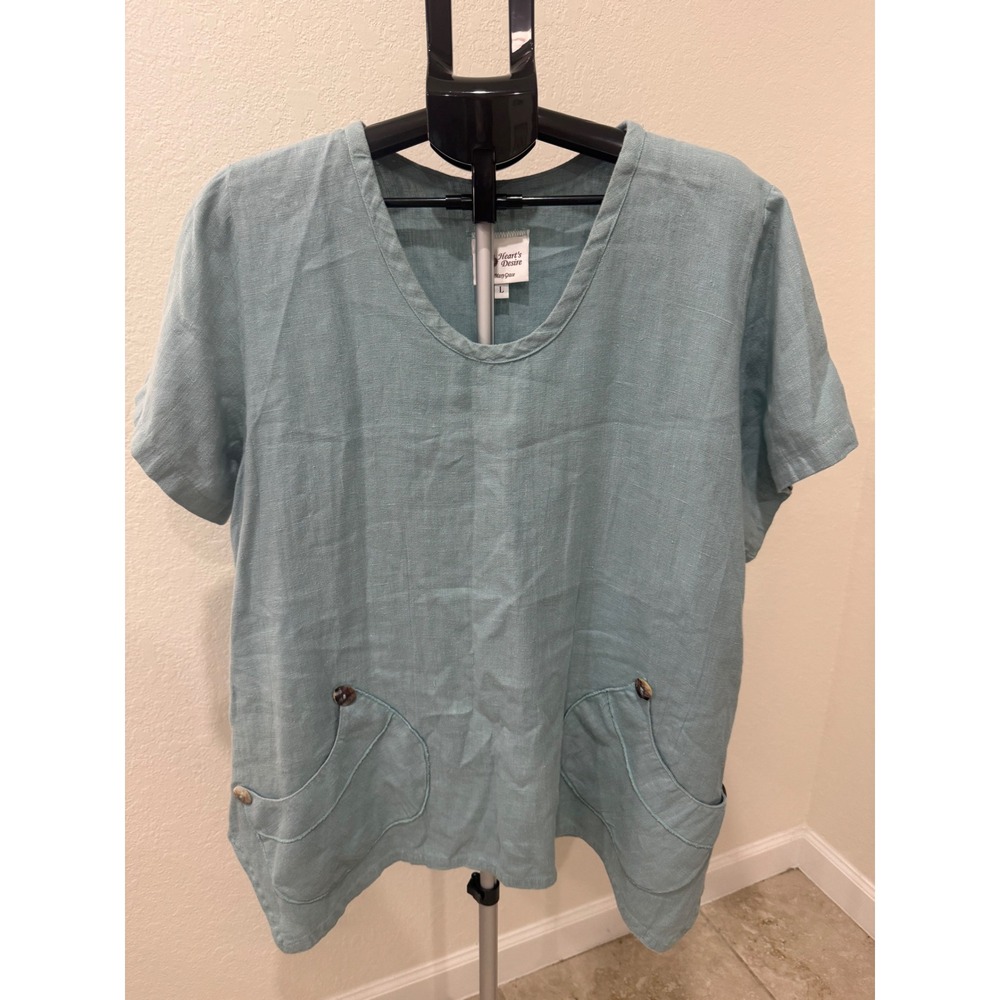 Hearts Desire by Mary Grace Linen Tunic Top Blue Short Sleeve Pockets L READ